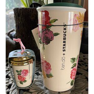 Starbucks~Ban.do Double Wall Ceramic Floral Travel Tumbler + Ornament NEW! Rare